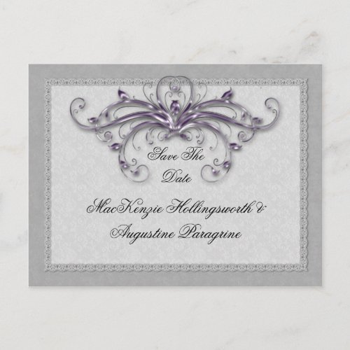 Purple and Silver Swirls Save The Date Announcement Postcard