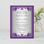 Purple and Silver Vintage Flourish Scroll Wedding Invitation (Standing Front)