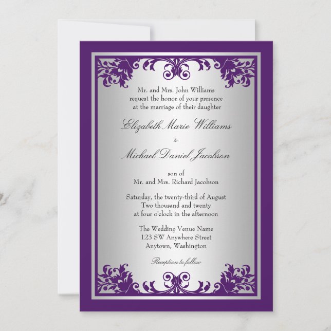 Purple and Silver Vintage Flourish Scroll Wedding Invitation (Front)