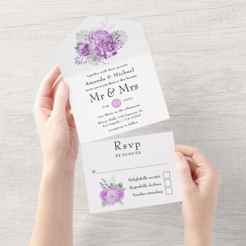 Purple and Silver Vintage Rose Wedding All In One Invitation