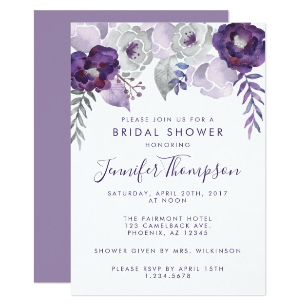 Purple And Silver Watercolor Floral Bridal Shower Invitation