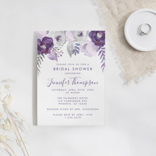 Purple and Silver Watercolor Floral Bridal Shower Invitation