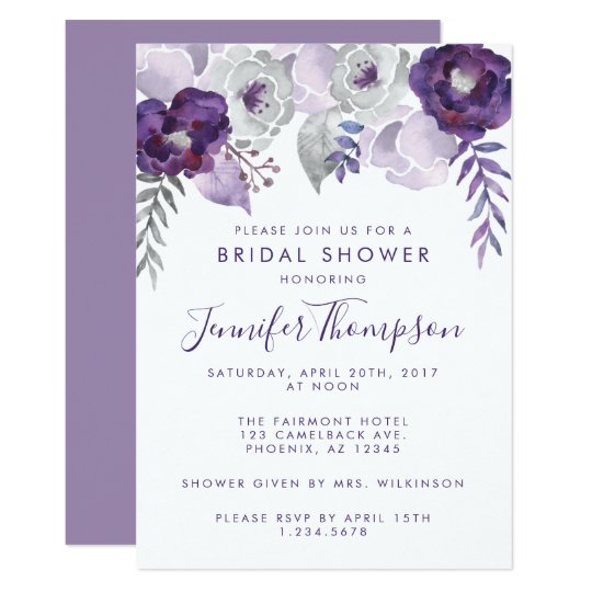 purple and silver watercolor floral bridal shower invitation