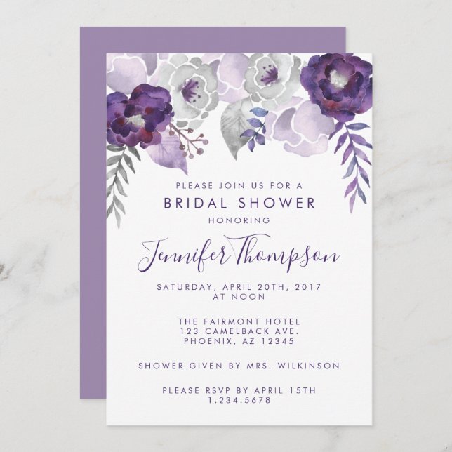 Purple and Silver Watercolor Floral Bridal Shower Invitation (Front/Back)