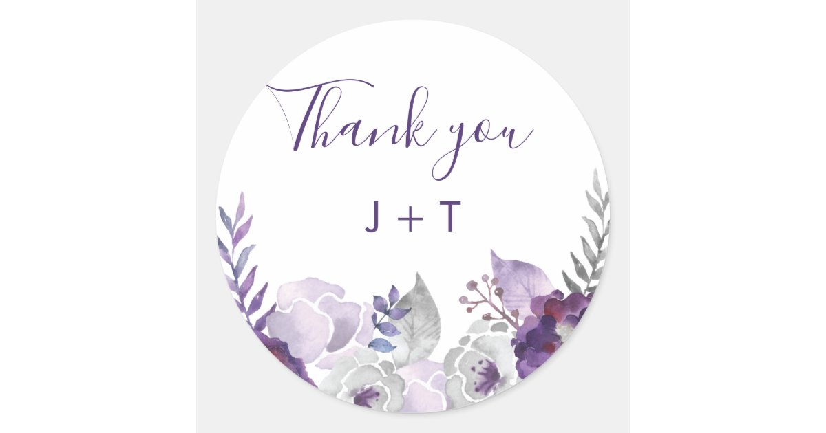 Purple and Silver Watercolor Floral Wedding Classic Round Sticker | Zazzle