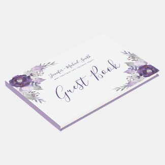 Purple and Silver Watercolor Floral Wedding Guest Guest Book