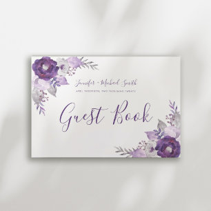 Purple and Silver Watercolor Floral Wedding Guest Guest Book