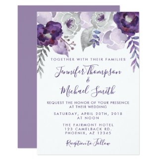 Purple and Silver Watercolor Floral Wedding Invitation