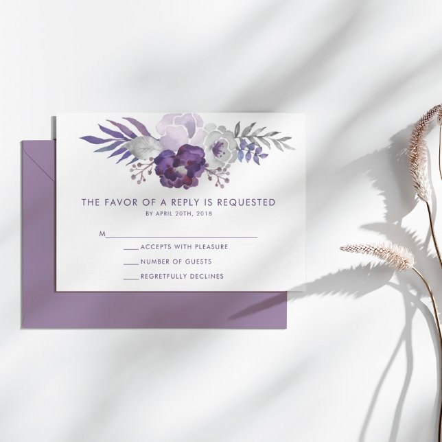 Purple and Silver Watercolor Floral Wedding RSVP (Purple and Silver Watercolor Floral Wedding RSVP)
