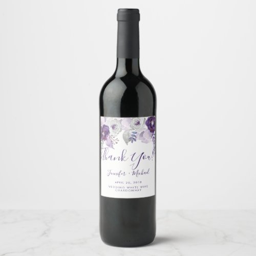 Purple and Silver Watercolor Floral Wedding Wine Label