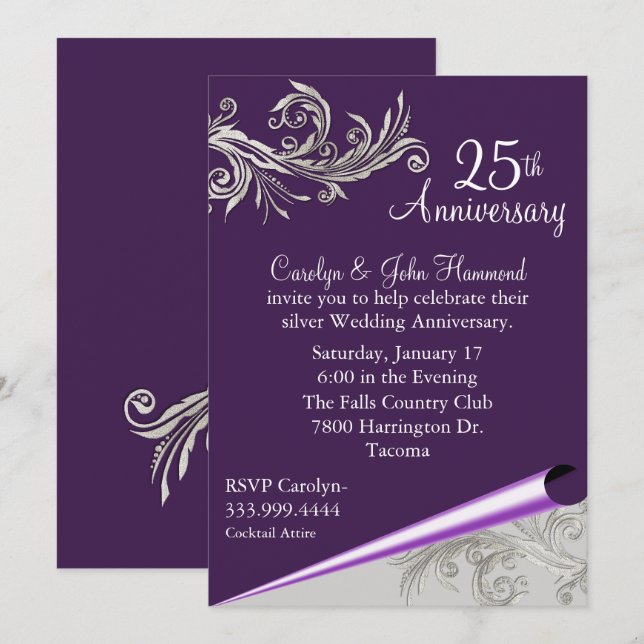 Purple and Silver Wedding Anniversary Invitation (Front/Back)