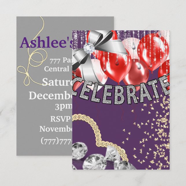 Purple and Silver with red Balloons girl Party Invitation (Front/Back)