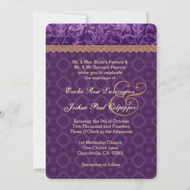 Purple and Tan Damask Wedding V16 Invitation (Front)