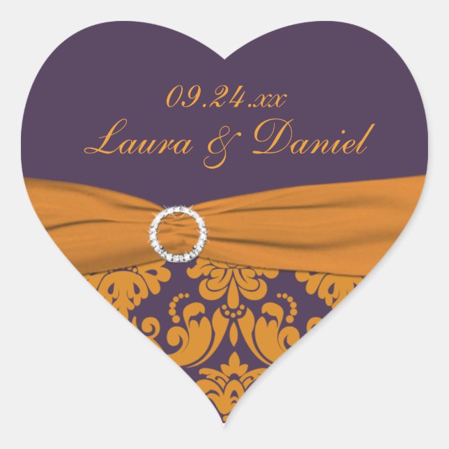 Purple and Tangerine Damask Heart Shaped Sticker (Front)