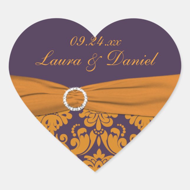 Purple and Tangerine Damask Heart Shaped Sticker (Front)