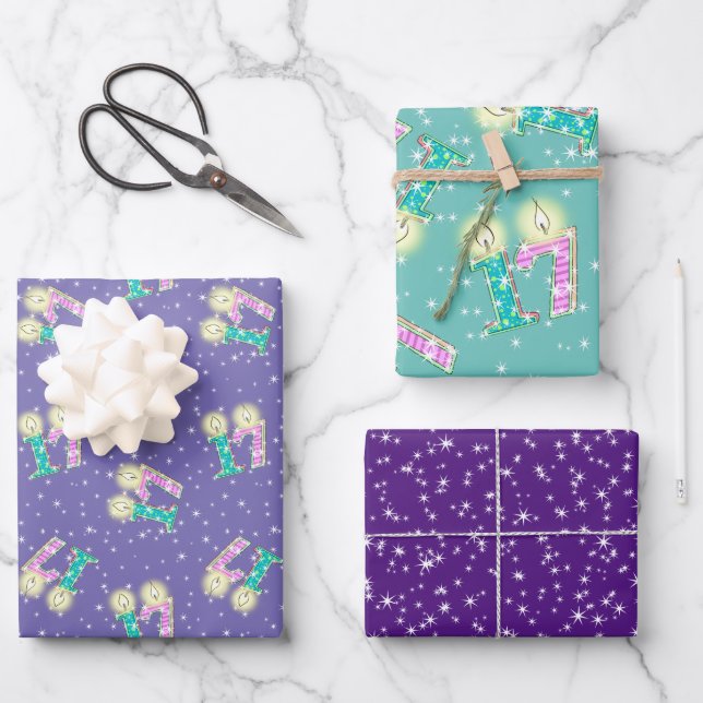 Purple and Teal 17th Birthday Wrapping Paper  (Front)