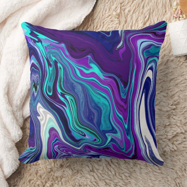 Purple and Teal Abstract Digital Marble Throw Pillow (Blanket)