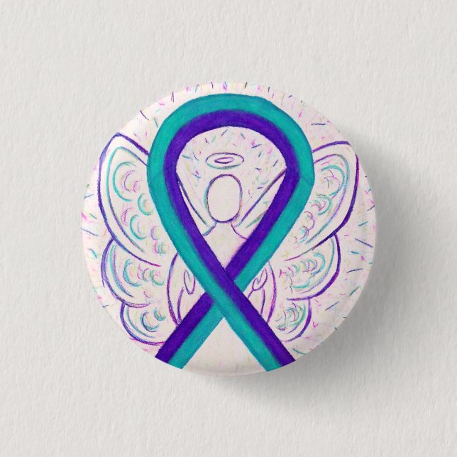 Purple and Teal Awareness Ribbon Angel Button Pin (Front)