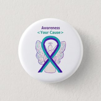 Purple and Teal Awareness Ribbon Angel Pin Button