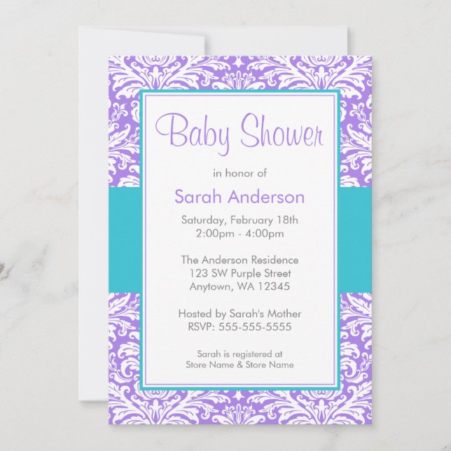 Purple and Teal Blue Damask Baby Shower Invitation (Front)