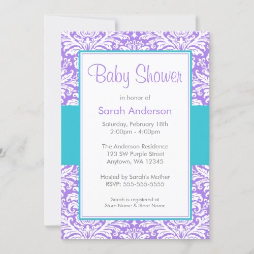 Purple and Teal Blue Damask Baby Shower Invitation