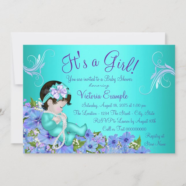 Purple and Teal Blue Floral Baby Shower Invitation (Front)