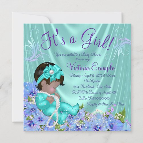 Purple and Teal Blue Floral Ethnic Baby Shower Invitation