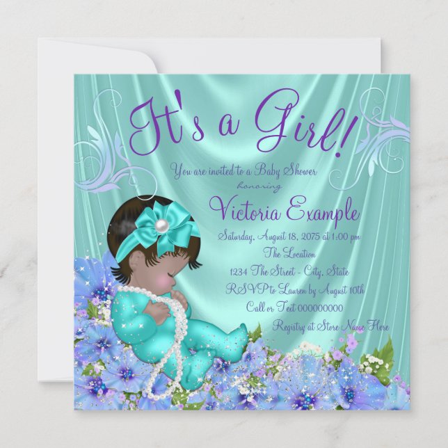 Purple and Teal Blue Floral Ethnic Baby Shower Invitation (Front)