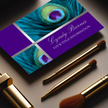 Purple And Teal Blue Peacock Business Card by TailoredType at Zazzle