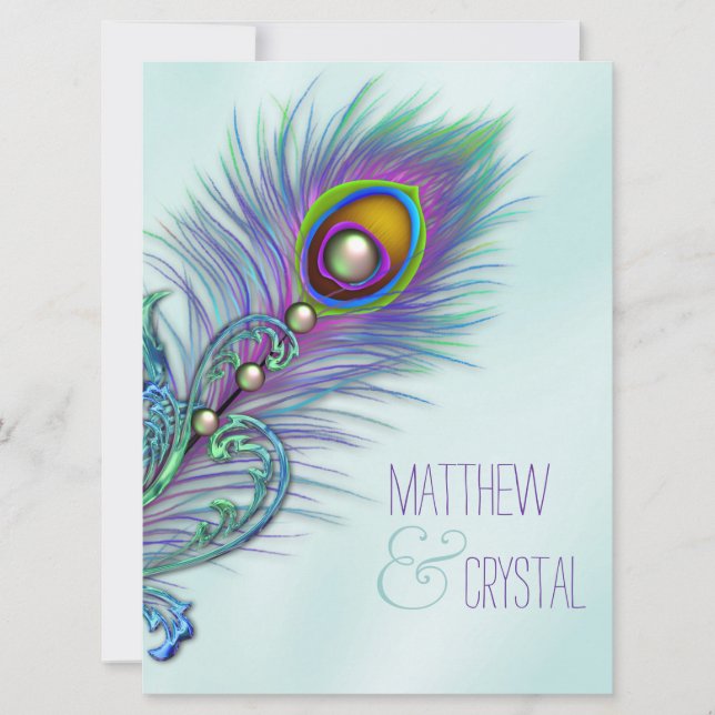 Purple and Teal Blue Peacock Wedding Invitation (Front)