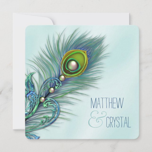 Purple and Teal Blue Peacock Wedding Invitation (Front)
