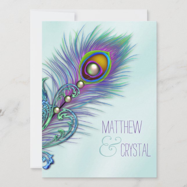 Purple and Teal Blue Peacock Wedding Invitation (Front)