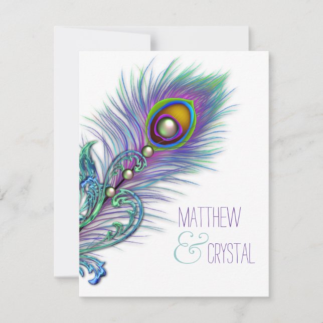 Purple and Teal Blue Peacock Wedding Invitation (Front)