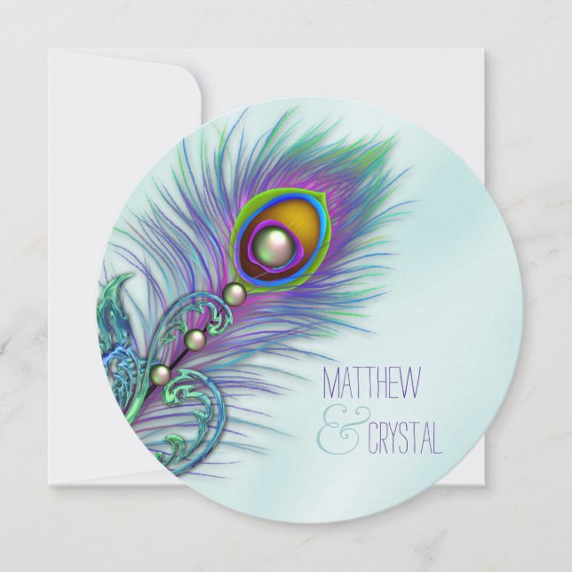 Purple and Teal Blue Peacock Wedding Invitation (Front)
