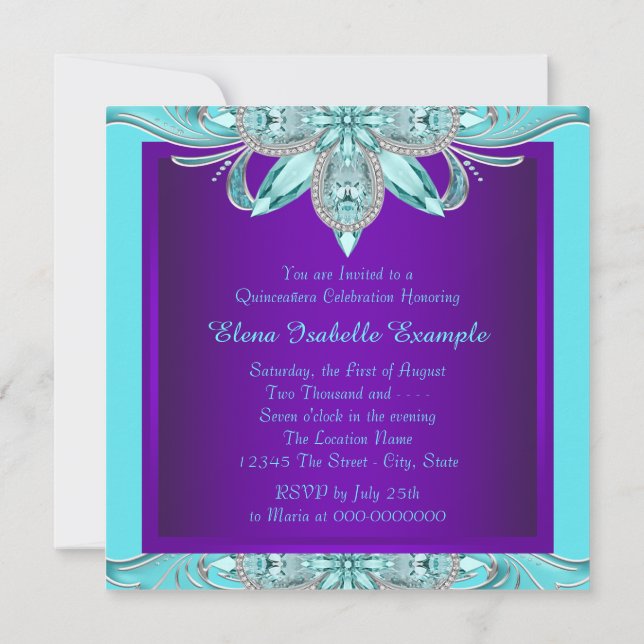 Purple and Teal Blue Quinceanera Invitation (Back)