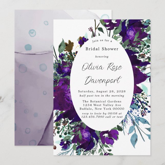 Purple and Teal Botanical Floral Bridal Shower Invitation (Front/Back)