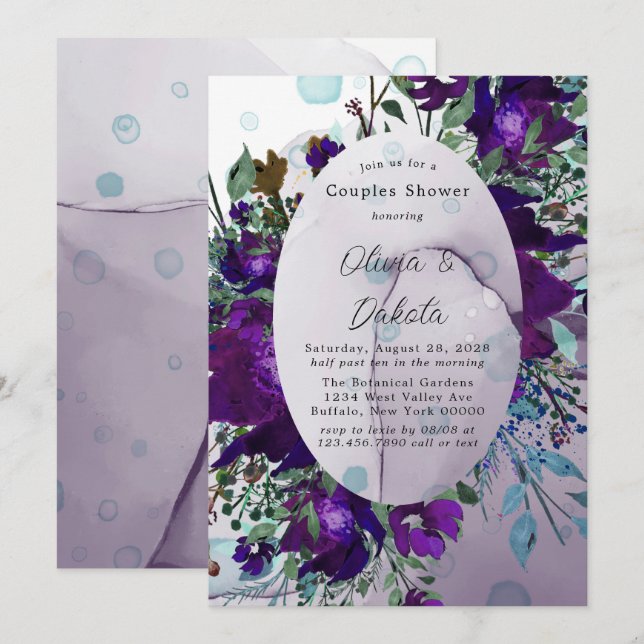 Purple and Teal Botanical Floral Couples Shower Invitation (Front/Back)