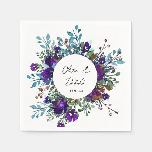 Purple and Teal Botanical Floral Wedding Napkins