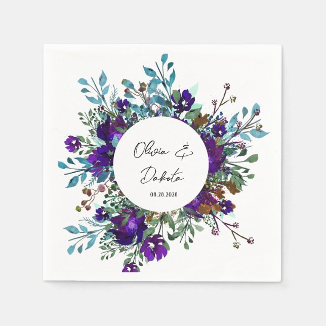 Purple and Teal Botanical Floral Wedding Napkins (Front)