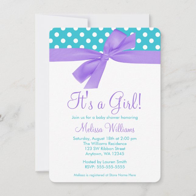 Purple and Teal Bow Polka Dot Baby Shower Invitation (Front)