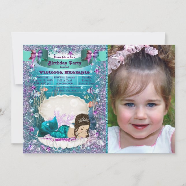 Purple and Teal Brunette Mermaid Birthday Party Invitation (Front)
