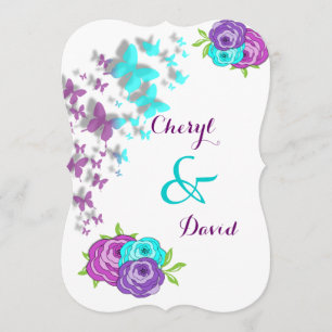 Purple and Teal Butterflies and Whimsical Flowers Invitation
