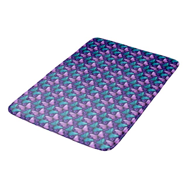 Purple and Teal Butterfly Pattern | Floral Seamles Bath Mat (Angled)