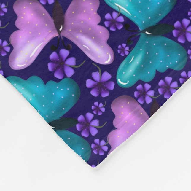 Purple and Teal Butterfly Pattern | Floral Seamles Fleece Blanket (Corner)