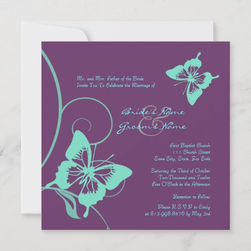 Purple and Teal Butterfly Wedding Invitation