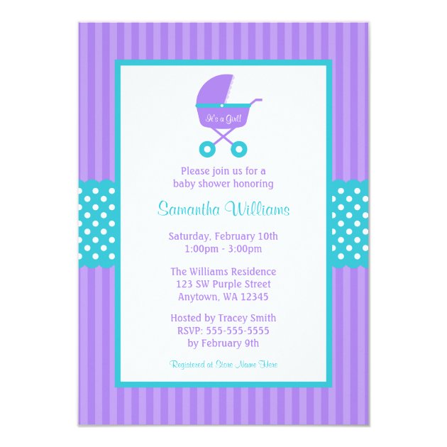 Purple And Teal Carriage Striped Dots Baby Shower Invitation