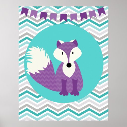 Purple and Teal Chevron Fox Nursery Poster | Zazzle