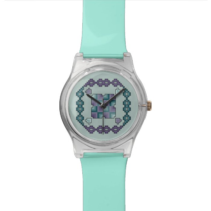 Purple and Teal Cross Stitch Quilt Square Wristwatches