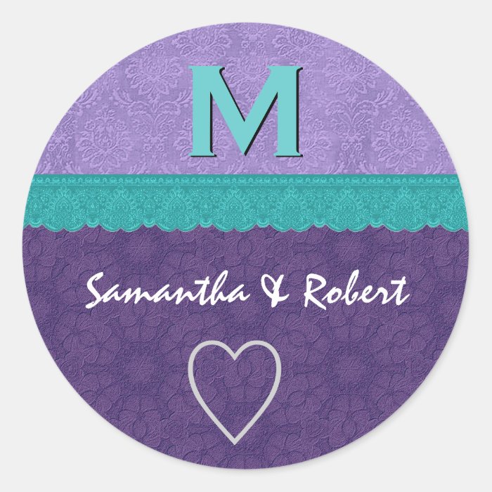 Purple and Teal Damask and Lace Monogram V2A Sticker