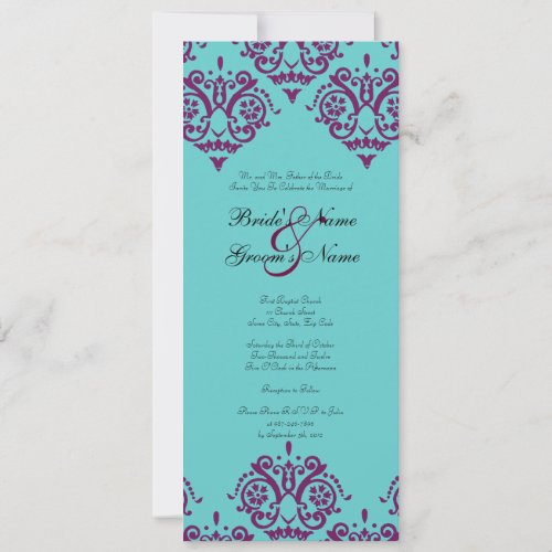 Purple and Teal Damask Wedding Invitation